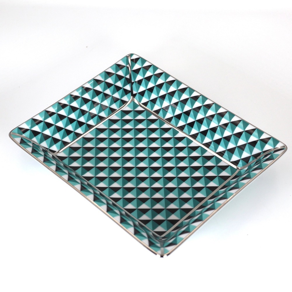 Tiffany & Co. Teal Geometric Diamond Fine Porcelain Trinket Tray Dish Bowl 8"